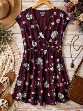 Sears Floral Faux Wrap Dress Burgundy Prairie Boho M